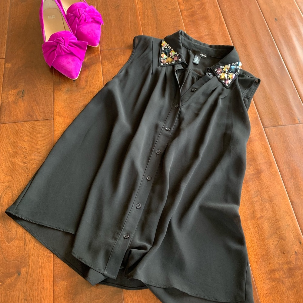 Aqua Sheer Black Blouse with Jewel Collar